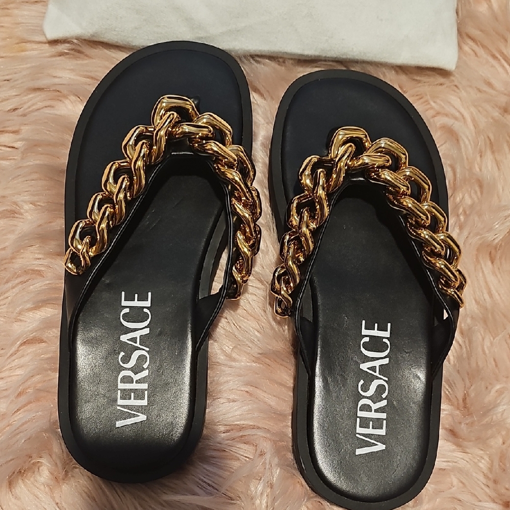 Versace Women's Sandals with Gold Chain Detail SIZE 40